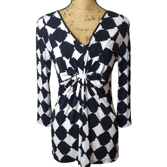 Ellen Tracy Checkered Y2K Blouse S Black White Geometric Twist 3/4 Slv Top Retro - Picture 1 of 6